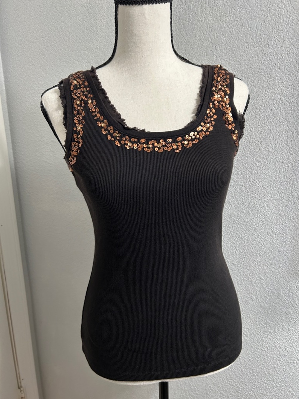 Y2K Black Ribbed Tank with Copper Sequin Trim Accent Indie Sleaze
